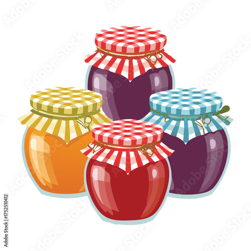 Collection of different size glass jars with assorted homemade berry and fruit jams, isolated on a background - Vector Illustration