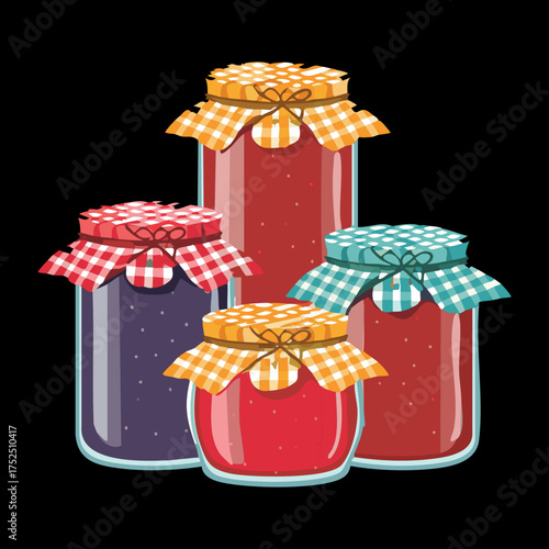 Group of various fruit jam jars with decorative lids, perfect for homemade goods and market display - Vector Illustration