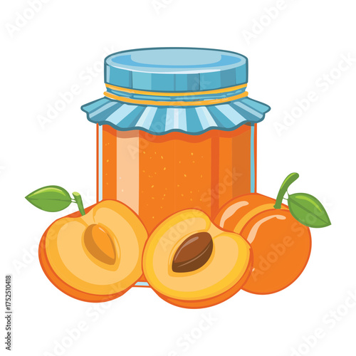 Single glass jar of delicious, colorful peach jam with fresh ripe fruit slices ready for eating - Vector Illustration