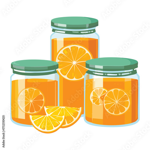 Set of three glass jars filled with homemade citrus jam and fresh orange slices on a white background - Vector Illustration