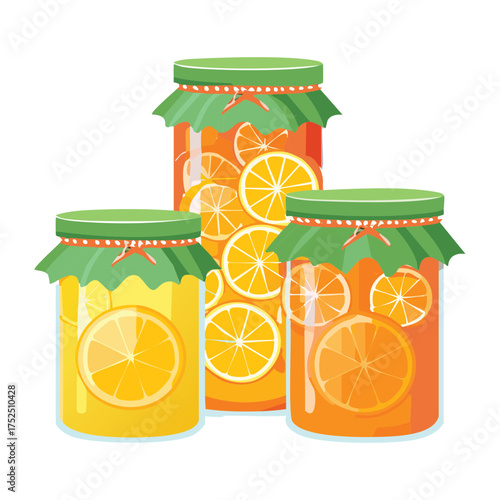 Delicious homemade orange jam in glass jars for sweet breakfast or dessert on the counter - Vector Illustration