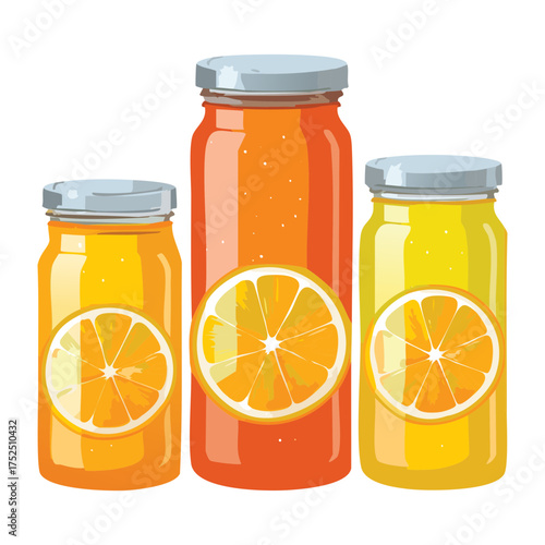 Line of three glass jars filled with bright, fresh orange and lemon fruit preserves, emphasizing the tangy zest and natural, healthy homemade food - Vector Illustration