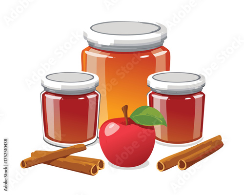 Charming arrangement of three medium glass jars containing sweet jams, alongside a small ripe apple and dark berries, symbolizing autumn harvest preserves - Vector Illustration