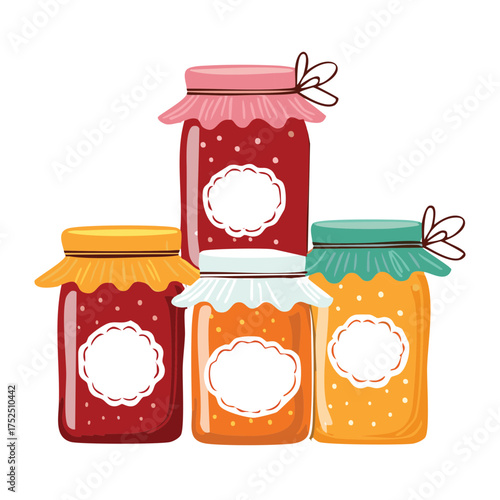 jars of vibrant red and orange preserves with decorative fabric lids, showcasing sweet homemade fruit jams and delicious organic goodness - Vector Illustration