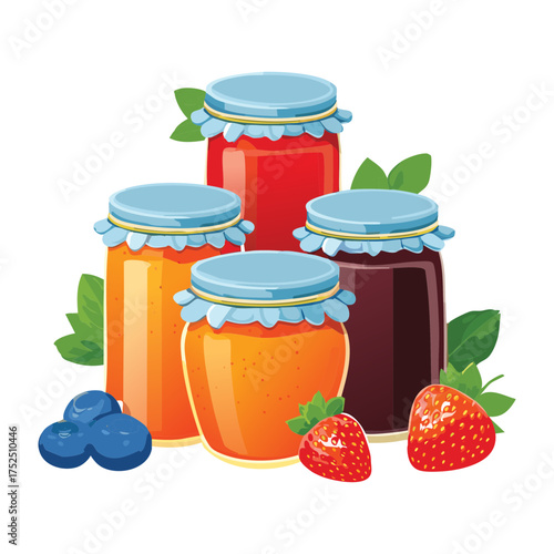 Variety of small and medium jars of mixed berry and strawberry jam, presented neatly for a grocery store or farmers market display of sweet preserves - Vector Illustration