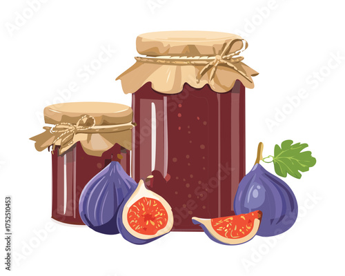 Two large fruit jam jars and a small honey jar surrounded by fresh figs and dark berries, suggesting a luxurious pairing of sweet gourmet preserves - Vector Illustration