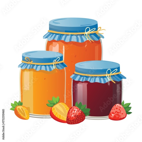 Collection of small jam jars featuring different berry flavors, tied with ribbons, ideal for showcasing a variety pack of organic, homemade sweet spreads - Vector Illustration