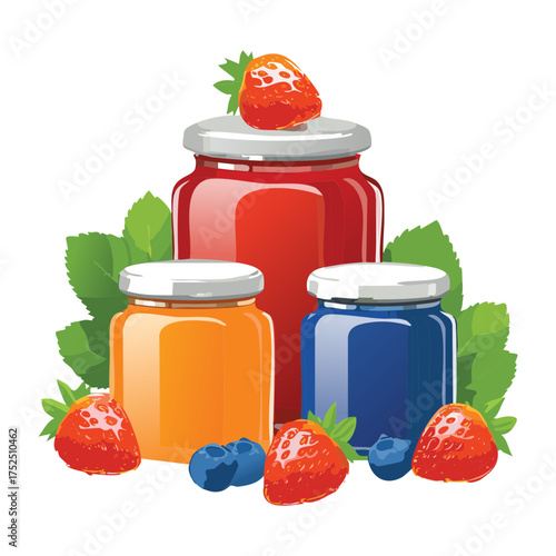 Small group of mixed berry jam jars with fresh strawberries and blueberries, capturing the essence of sweet, tangy, delicious summer fruit preserves - Vector Illustration