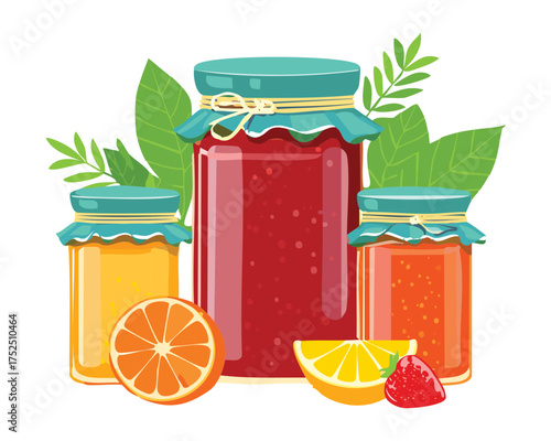 Assortment of vibrant fruit jams, including berries and citrus, in colorful jars with fresh leaves, representing a bounty of natural sweet homemade preserves - Vector Illustration