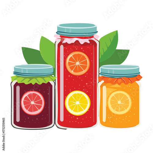 Various citrus marmalade jars nestled among fresh orange and grapefruit slices, highlighting the zesty flavor of homemade fruit preserves and healthy eating - Vector Illustration
