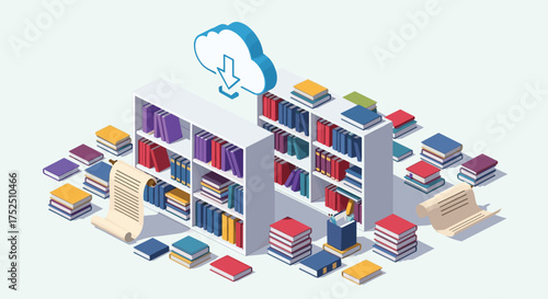 Digital libraries and download knowledge with this vibrant, modern illustration featuring cloud technology and colorful books for a dynamic learning experience