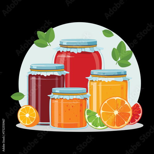 delightful homemade fruit jam jars with decorative lids and fresh berries, perfect for farmers market advertising of natural sweet preserves - Vector Illustration