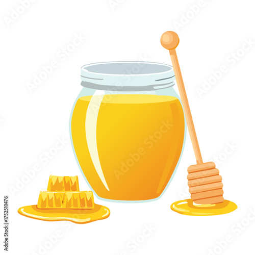 Classic round jar of golden honey with a wooden dipper resting across the top, perfectly illustrating the rich texture and natural sweet flavor - Vector Illustration