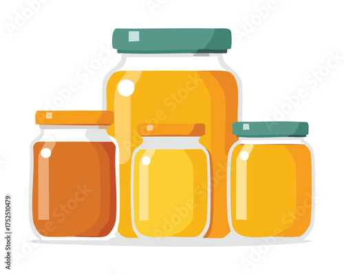 Minimalist style illustration of clear jar and wooden honey dipper full of golden flowing nectar, symbolizing organic purity and natural simple food - Vector Illustration