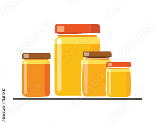 Set of tall and wide rectangular jars filled with vibrant amber honey, presenting modern, clean, and commercial product packaging for natural sweetener - Vector Illustration