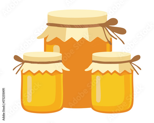 Large glass jar of rich golden honey with wooden dipper resting on the edge, a classic symbol of natural pure sweet indulgence and healthy eating - Vector Illustration