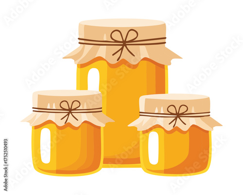 Three different sized glass jars of premium honey grouped together, perfect for showcasing a family of delicious sweet natural products from the hive - Vector Illustration