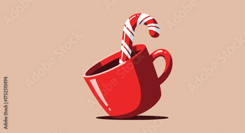 Festive candy cane in a bright red mug brings holiday cheer and warmth, perfect for seasonal advertising and cozy winter designs