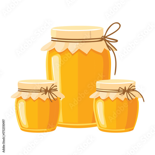 Rustic honey jars with fabric cover and twine bow, filled with golden nectar, emphasizing traditional natural healthy food product packaging design - Vector Illustration