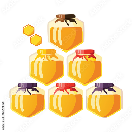 Assortment of small and medium honey jars stacked pyramid style, showcasing pure natural organic sweetness in glass containers - Vector Illustration