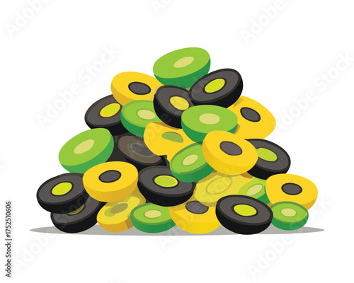 Generous Pile of Fresh Green and Black Olives, Whole and Sliced Rings, Used as a Versatile Culinary Ingredient - Vector Illustration