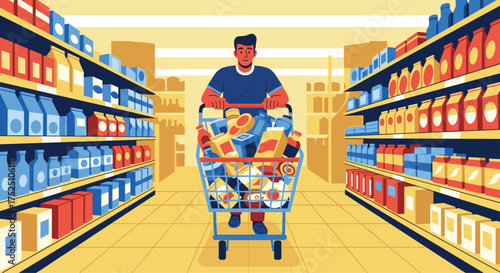 Grocery shopping made easy, man pushing full cart through supermarket aisle with shelves of food in vibrant, modern style for healthy eating promotion