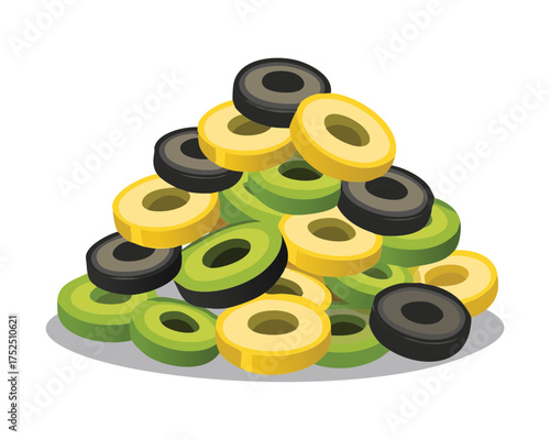 A large, generous heap of sliced green and black olives, perfect for pizza toppings, salads, or as a savory ingredient - Vector Illustration
