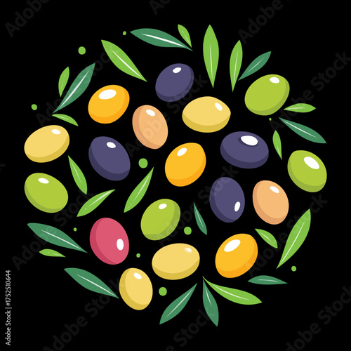 v\Circular, tight arrangement of various colorful olives (green, purple, black) and leaves, showcasing a rich and natural color palette - Vector Illustration