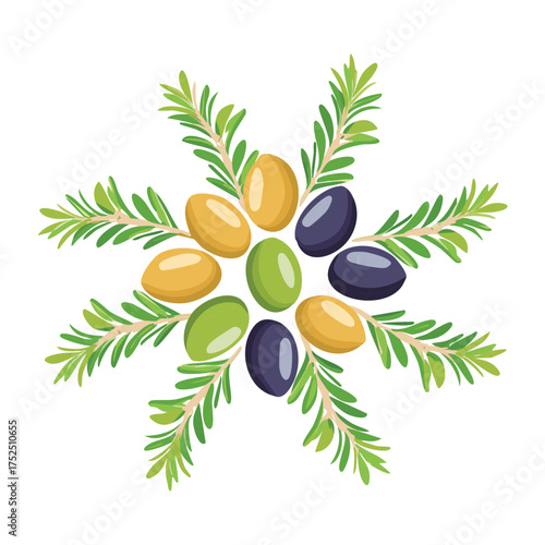 Decorative wreath-like design featuring green and black olives with fresh green leaves, symbolizing peace and abundance - Vector Illustration