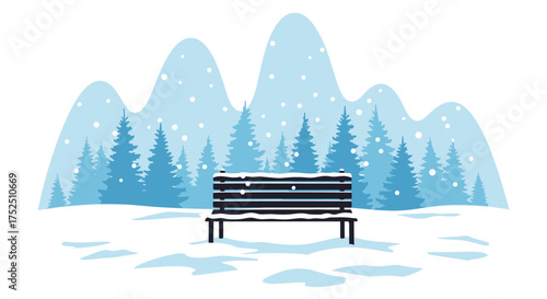 A winter wonderland with this serene scene of a snow-covered bench nestled among frosted trees and distant mountains, perfect for holiday designs