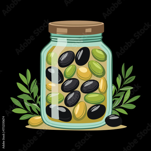 A glass jar filled with preserved green and black olives, brine, and fragrant herbs, ideal for gourmet and deli products - Vector Illustration