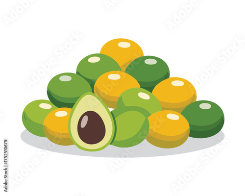 A fresh composition of whole green and dark olives with a sliced avocado half, creating a healthy, rich, and oily food scene - Vector Illustration