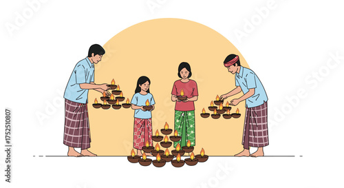 Family celebrates the Festival of Lights together, sharing blessings and traditions with glowing oil lamps during a vibrant cultural celebration