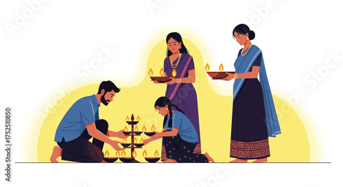 Family celebrating Diwali together with traditional oil lamps, creating a warm and inviting atmosphere for cultural events and festive occasions