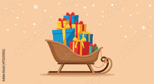 Delightful Christmas spirit with a sled full of colorful presents and festive bows, perfect for holiday greetings and seasonal promotions
