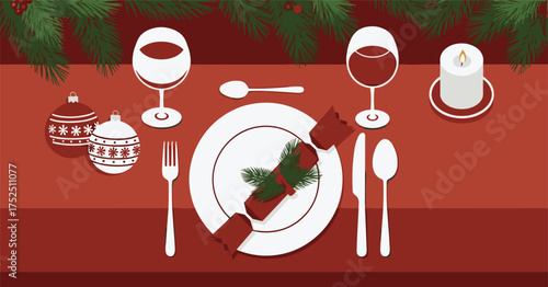 Elegant holiday dinner table setting with Christmas crackers, wine, and festive ornaments creates a warm celebratory mood for family gatherings