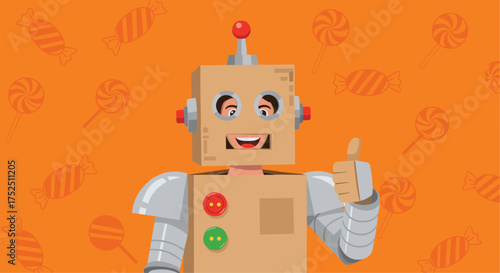 Celebrate Halloween with this happy robot giving a thumbs up, surrounded by festive candy on a bright orange background, perfect for spooky season fun