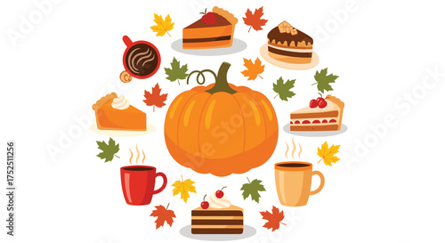 Celebrate the vibrant autumn season with delicious pumpkin pie, cakes and hot coffee, perfect for Thanksgiving and fall holiday gatherings