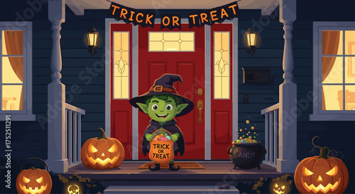 Adorable goblin kid trick or treating on Halloween night with carved pumpkins and candy cauldron on a festive porch, ready for spooky fun