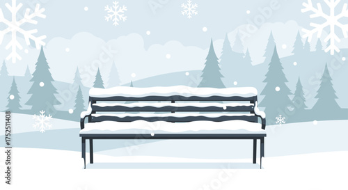 Peaceful winter scene with snow covered bench and pine trees perfect for holiday cards or seasonal marketing materials in a cool, calming palette