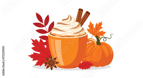 A warm pumpkin spice latte with cinnamon and whipped cream this Autumn season, perfect for Thanksgiving and cozy fall vibes to use in marketing
