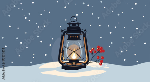 Charming winter scene with a glowing lantern in the snow, evoking cozy holiday feelings and a sense of warm nostalgia during a peaceful snowfall