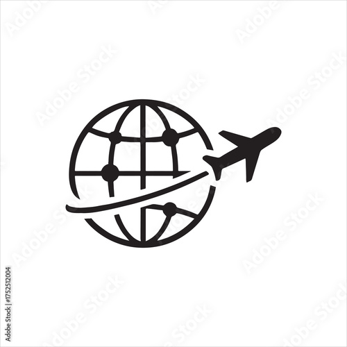Global Air Travel Network Connecting the World with Airplanes Black and White Icon Isolated for Tourism and Business silhouette