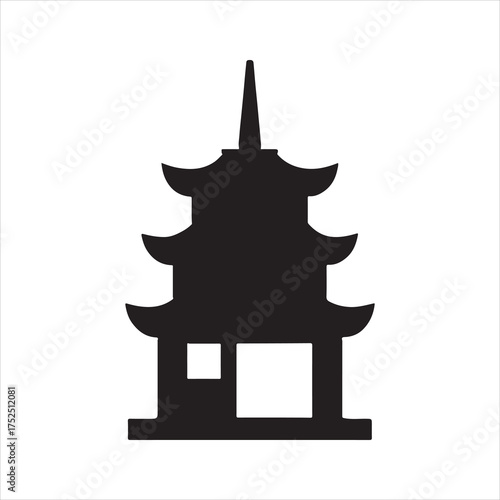 Minimalist black silhouette of a traditional pagoda with multi tiered roofs representing Asian architecture and spiritual symbolism on a clean white background silhouette