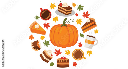 Celebrate autumn with pumpkin spice lattes and delicious pies, cakes, and maple leaves for Thanksgiving or fall harvest festivals