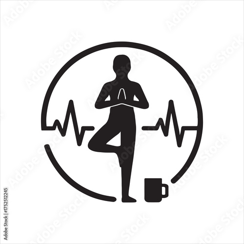 Yoga and Coffee Lifestyle Minimalist Design with Heartbeat Pulse and Balance Pose for Wellness and Healthy Living Graphic Representation for Posters and T Shirts silhouette