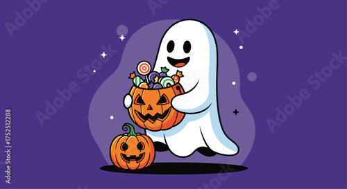 Adorable ghost trick-or-treating with jack-o'-lantern full of candy, perfect for Halloween cards and spooky season designs that bring smiles