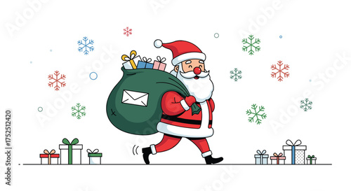 Santa Claus delivering joy with gifts and a sack full of surprises, festive illustration for Christmas cheer and holiday greetings, perfect for seasonal designs