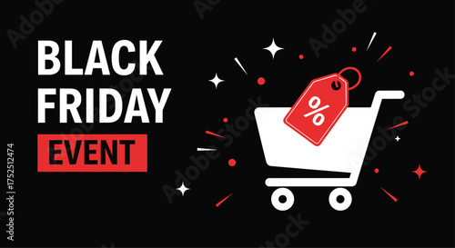 Black Friday shopping event with discounts and promotions, shop now for amazing deals with cart and tag design on dark background