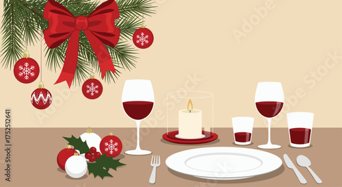 Festive Christmas dinner setup with red wine and ornaments creates a warm and inviting holiday atmosphere, perfect for family celebrations and cozy gatherings